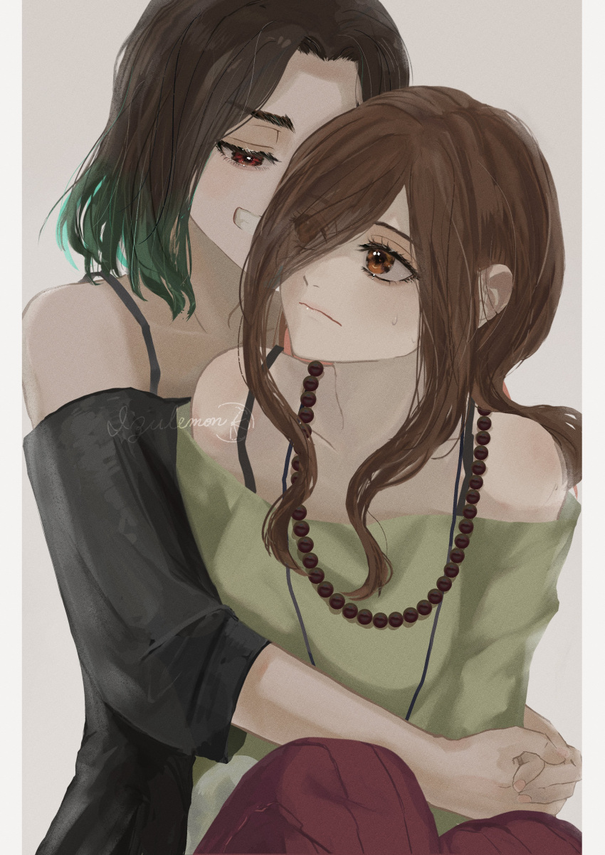 2girls, absurdres, bare_shoulders, black_hair, brown_eyes, brown_hair, eyebrows_visible_through_hair, eyes_visible_through_hair, gaen_izuko, gaen_tooe, green_hair, green_shirt, highres, hug, izu_lemon, jewelry, long_hair, looking_at_another, monogatari_(series), multicolored_hair, multiple_girls, red_eyes, shirt, short_hair, siblings, sisters, strap_slip