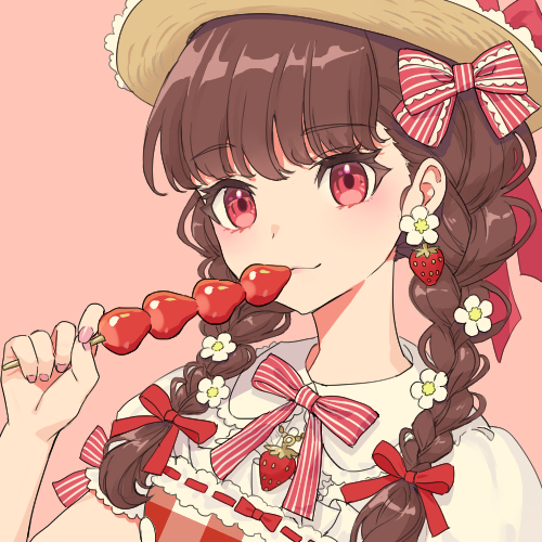 1girl, bangs, bow, braid, brown_hair, dress, eyebrows_visible_through_hair, flower, food, fruit, hair_flower, hair_ornament, ichigogari_pi, lolita_fashion, looking_at_viewer, lowres, nail_polish, original, red_eyes, ribbon, smile, solo, strawberry, sweet_lolita, twin_braids