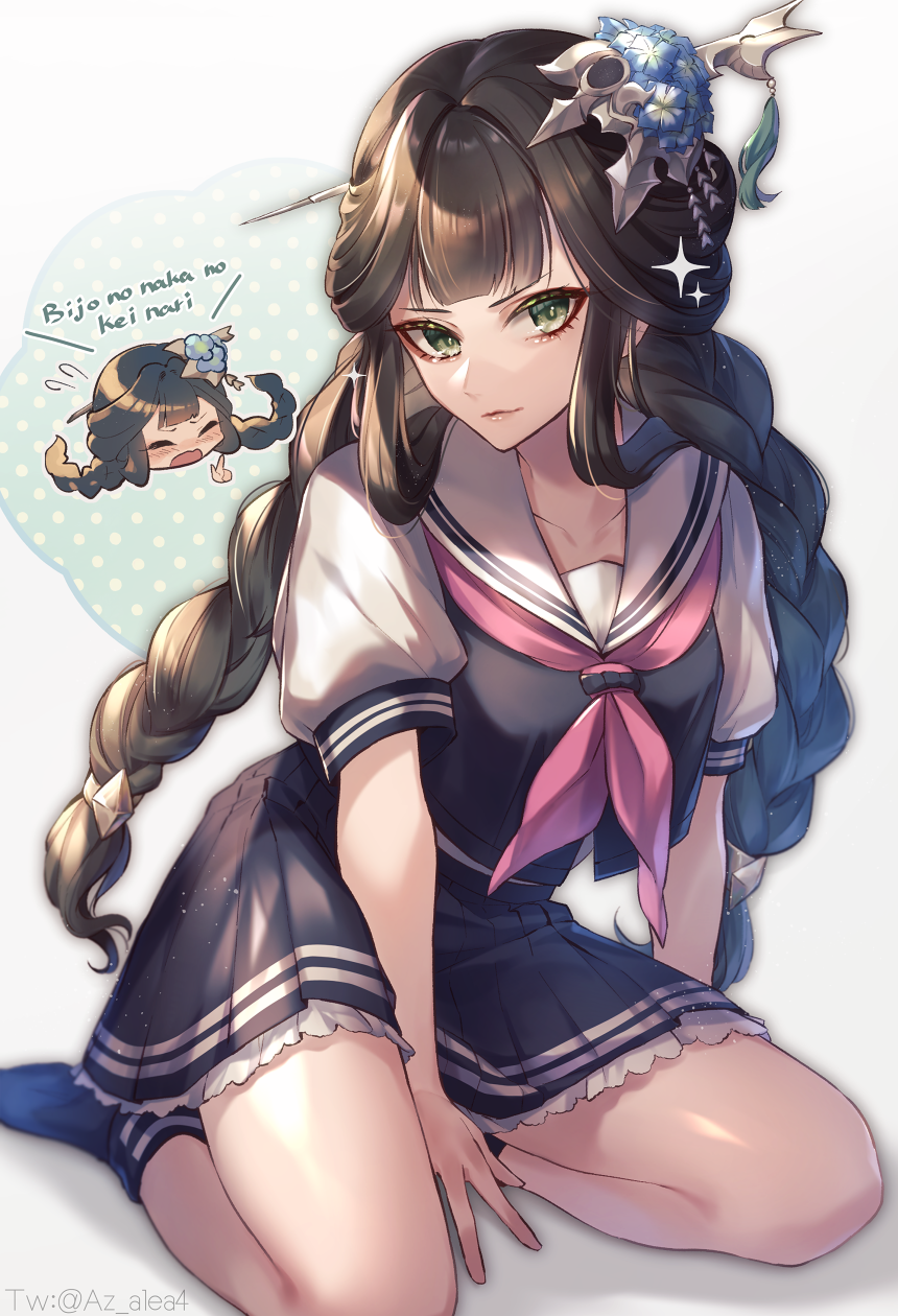 1girl, azalea4, black_blouse, black_hair, black_serafuku, black_skirt, blouse, blush