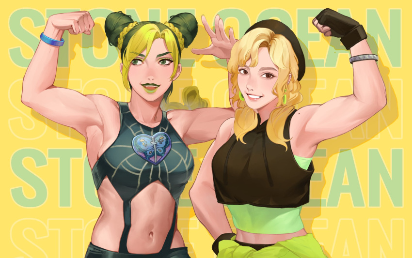 2girls, bangs, black_hair, blonde_hair, blue_eyes, blue_hair, blunt_bangs, blush, braid, brooch, cao_hong_anh, double_bun, fairouz_ai, green_eyes, green_hair, hair_cones, halter_top, halterneck, highres, jewelry, jojo_no_kimyou_na_bouken, kujo_jolyne, lipstick, looking_at_viewer, makeup, midriff, multicolored_hair, multiple_girls, navel_piercing, piercing, ponytail, real_life, seiyuu_connection, stone_ocean, tattoo, two-tone_hair