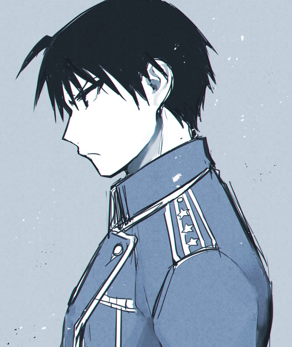 1boy, amestris_military_uniform, black_eyes, black_hair, blue_jacket, blue_theme, closed_mouth, collared_jacket, colored_skin, from_side, frown, fullmetal_alchemist, grey_background, grey_theme, jacket, limited_palette, looking_afar, male_focus, military, military_uniform, monochrome, muted_color, pkbr, profile, roy_mustang, serious, simple_background, spiky_hair, tsurime, uniform, upper_body, white_skin