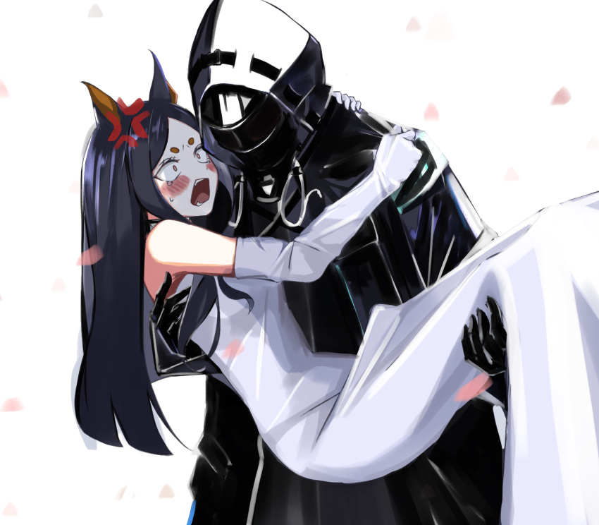 1boy, 1girl, anger_vein, animal_ears, arknights, armor, black_hair, blush