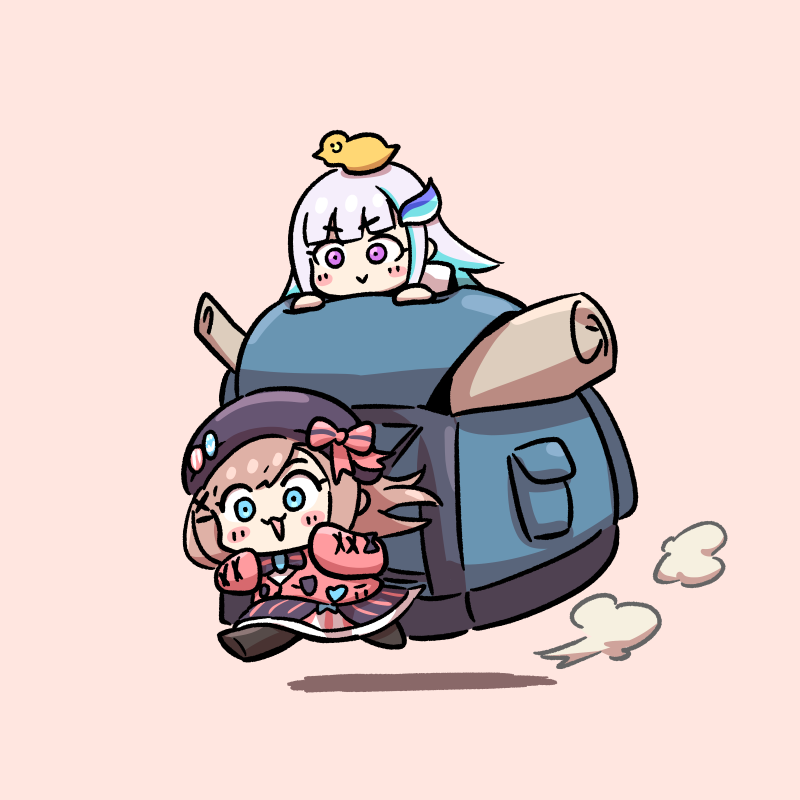 2girls, :>, :3, backpack, bag, bangs, beret, bird