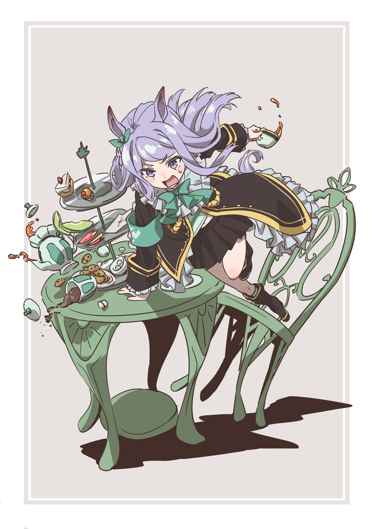 1girl, animal_ears, armband, black_jacket, black_skirt, chair, cookie, cup