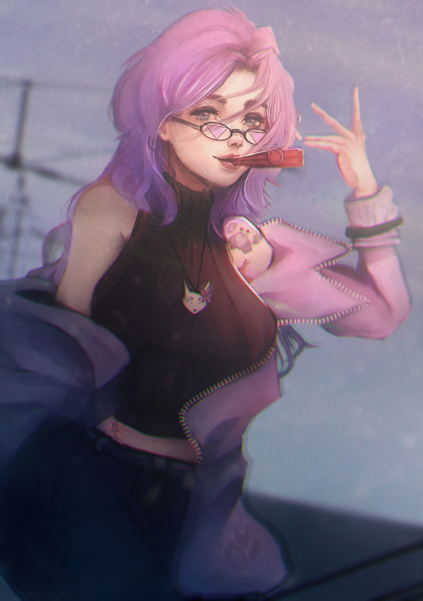1girl, black_pants, black_sweater, blue_eyes, blurry, blurry_background, english_commentary, glasses