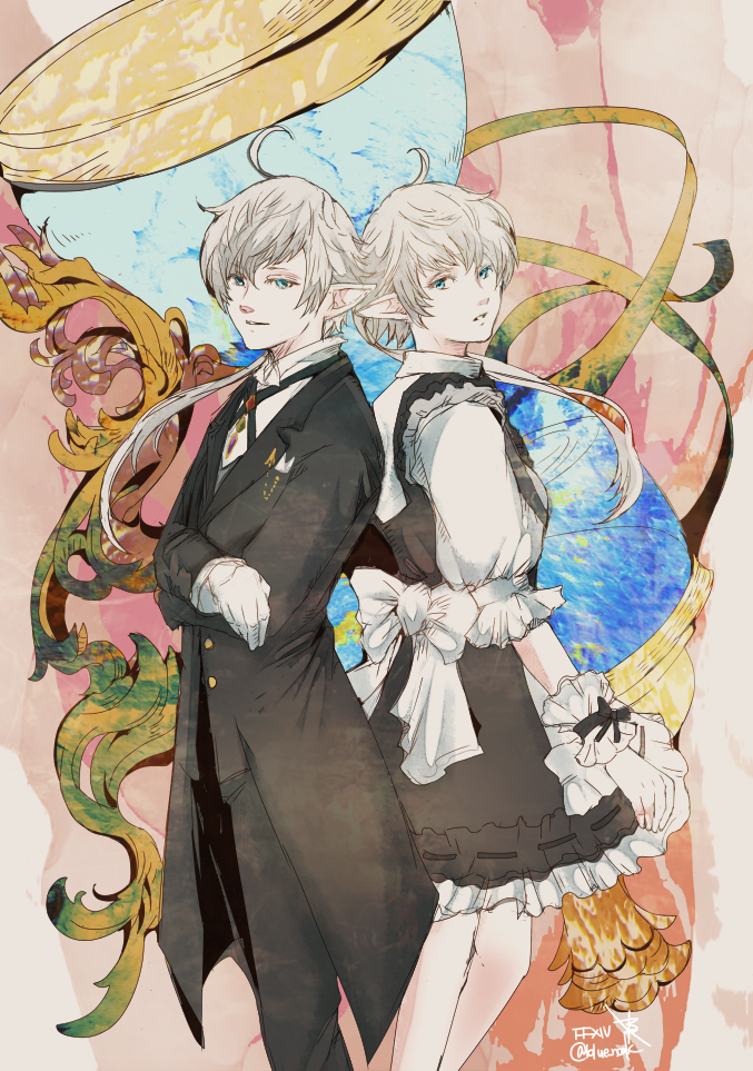 1boy, 1girl, ahoge, alisaie_leveilleur, alphinaud_leveilleur, apron, arm_cuffs, back-to-back
