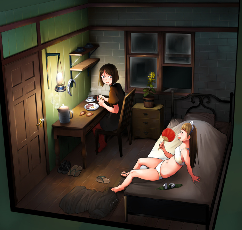 bacon, bedroom, brick_wall, chair, chopsticks, croissant, cup, door