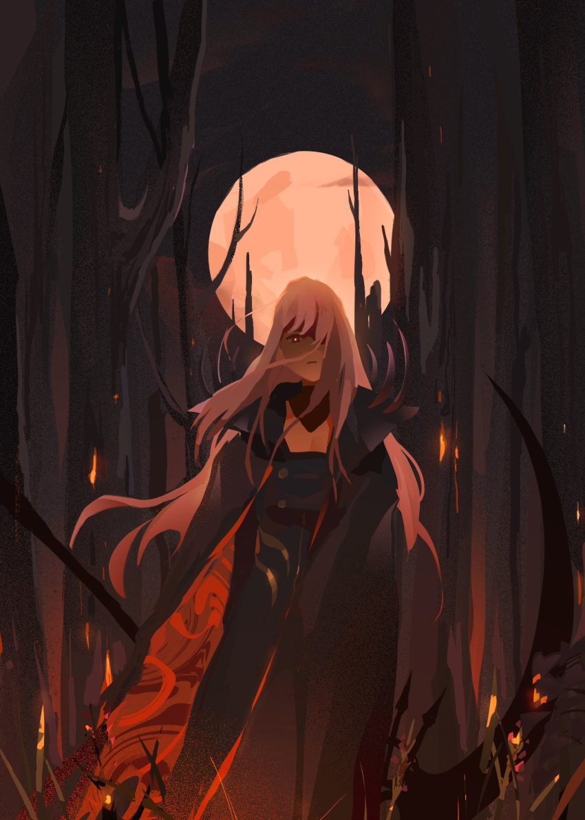 1girl, bangs, cape, death_(entity), embers, fire, forest, full_moon, glowing, glowing_eyes, grim_reaper, highres, holding, holding_scythe, hololive, hololive_english, holomyth, jawli, looking_at_viewer, moon, mori_calliope, nature, night, night_sky, scythe, shoulder_spikes, sky, spikes, tiara, veil, virtual_youtuber