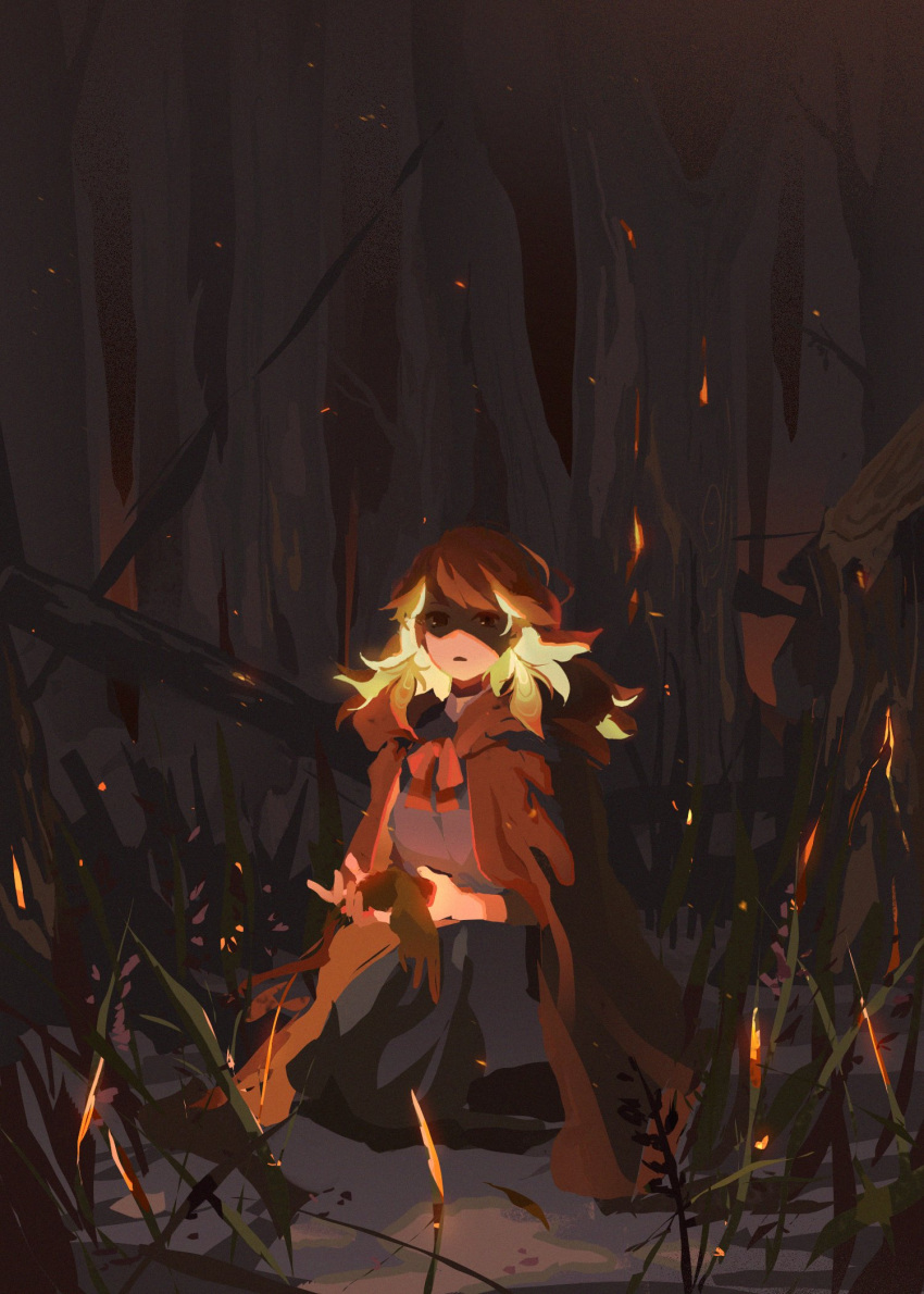 1girl, alternate_costume, bangs, cape, cloak, earrings, embers, feather_earrings