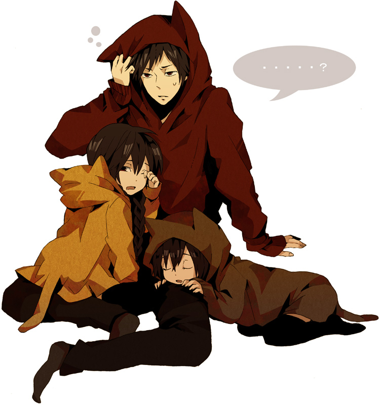 2girls, animal_ears, braid, brown_eyes, brown_hair, cat_ears, cat_tail, durarara!!, hoodie, long_hair, multiple_girls, okazu, orihara_izaya, orihara_kururi, orihara_mairu, red_eyes, short_hair, sleeping, tail, twin_braids, wink, young