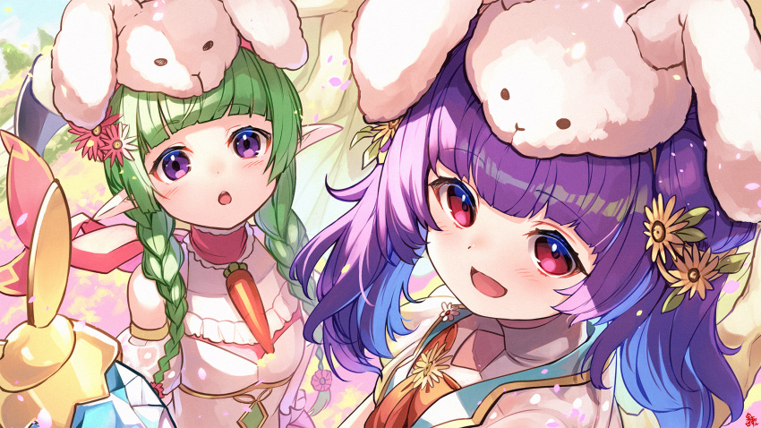 2girls, :d, :o, animal_ears, bangs, blunt_bangs, blush, braid, choker, easter, fake_animal_ears, fire_emblem, fire_emblem:_the_sacred_stones, fire_emblem_awakening, fire_emblem_heroes, green_hair, hair_ornament, highres, multiple_girls, myrrh_(fire_emblem), nah_(fire_emblem), nakabayashi_zun, official_alternate_costume, open_mouth, pointy_ears, purple_hair, rabbit_ears, red_eyes, smile, twin_braids, twintails, violet_eyes