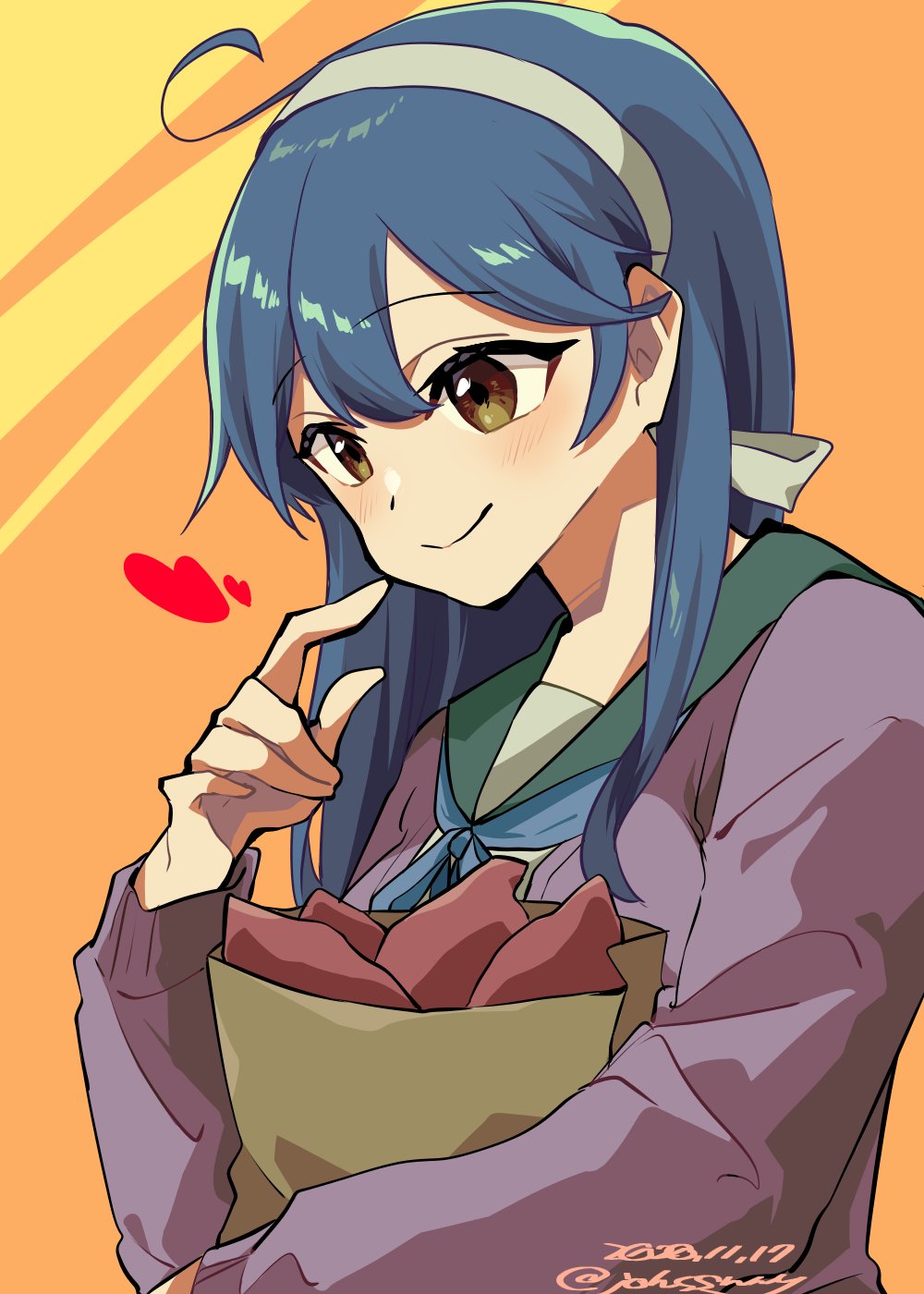 1girl, ahoge, bag, bangs, blue_hair, blue_sailor_collar, blush, breasts