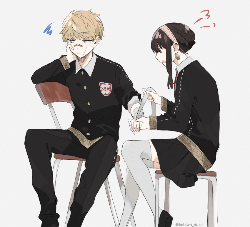 1boy, 1girl, absurdres, alternate_costume, angry, annoyed, applying_bandages, bandage_on_face