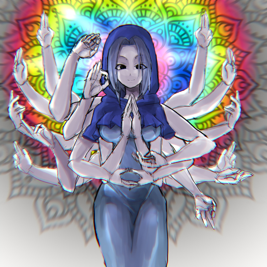 1girl, bangs, black_eyes, blue_capelet, blue_dress, bodhisattva, breasts, buddhism