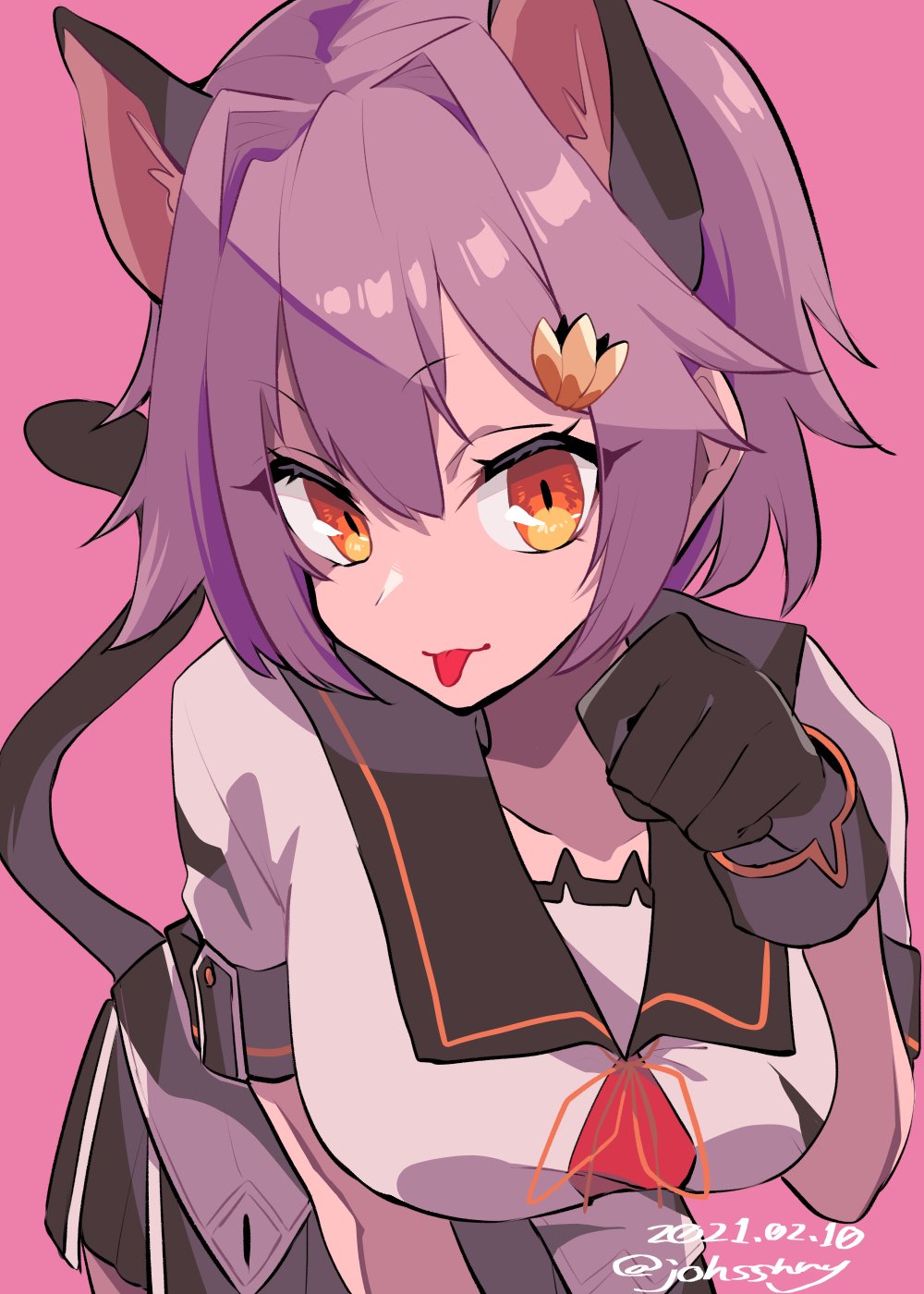 1girl, animal_ears, bangs, black_gloves, breasts, cat_ears, cat_girl, cat_tail, eyebrows_visible_through_hair, gloves, hair_between_eyes, hair_ornament, highres, johssnny, kantai_collection, large_breasts, neck_ribbon, orange_eyes, orange_neckwear, paw_pose, pink_background, pink_hair, remodel_(kantai_collection), ribbon, short_hair, simple_background, solo, tail, tama_(kancolle), tongue, tongue_out, twitter_username