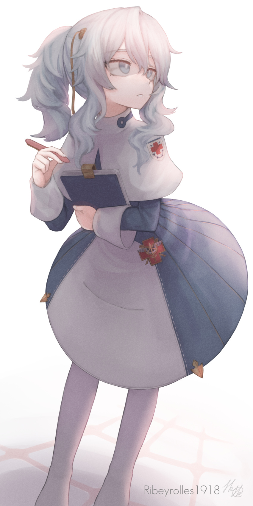 1girl, absurdres, bangs, blue_eyes, capelet, character_name, clipboard, dress