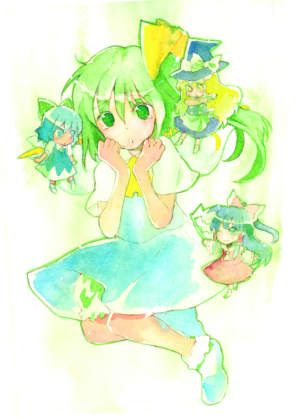 cirno, daiyousei, green_eyes, green_hair, hakurei_reimu, highres, kirisame_marisa, minigirl