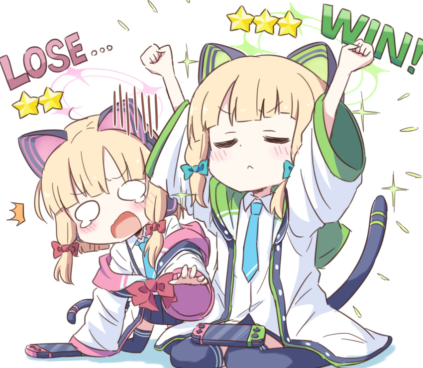 2girls, arms_up, blonde_hair, blue_archive, cat_ear_headphones, cat_tail, closed_eyes, commentary_request