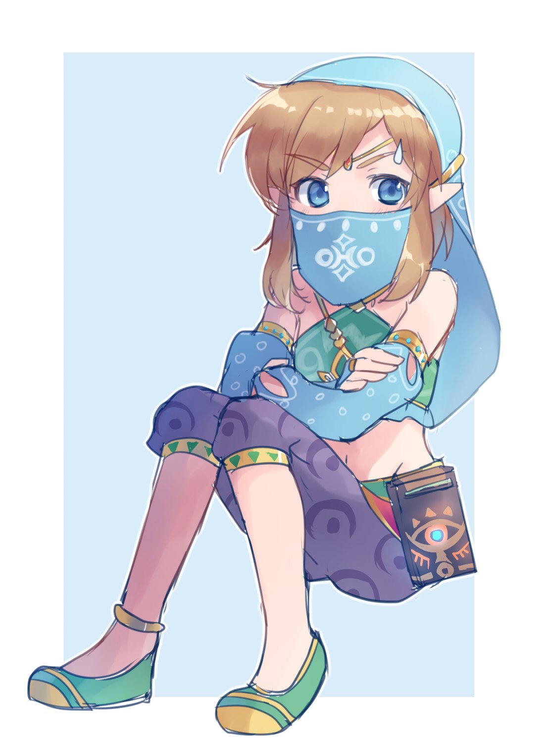 1boy, arabian_clothes, armlet, bangs, bare_shoulders, black_pants, blonde_hair, blue_background