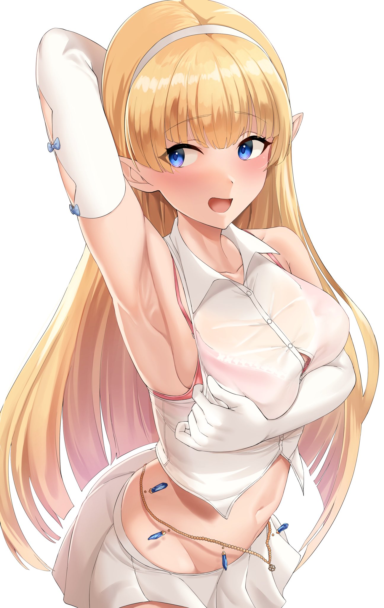 1girl, :d, arm_behind_head, arm_up, armpits, bare_shoulders, blonde_hair, blue_eyes