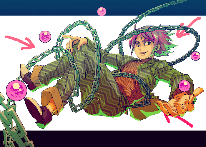 b.t., chain, chains, directional_arrow, ma_shounen_b.t., mahou_shounen_b.t., male, orange_eyes, purple_hair, raizou, solo