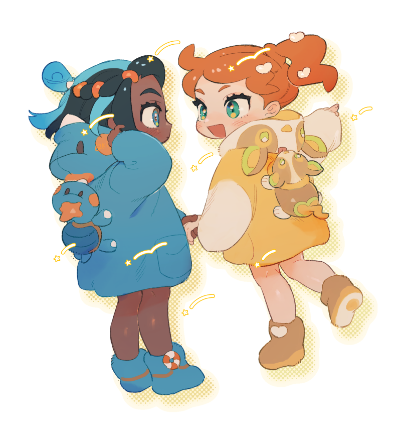 2girls, :d, black_hair, blue_coat, blue_eyes, blue_footwear, blue_hair, blush, boots, character_print, chewtle, closed_mouth, coat, dark_skin, dark-skinned_female, eye_contact, eyelashes, gen_8_pokemon, green_eyes, hair_ornament, heart, heart_hair_ornament, holding_hand, hood, hood_down, long_sleeves, looking_at_another, multicolored_hair, multiple_girls, mutsuki_(gm_tumu), nessa_(pokemon), open_mouth, orange_hair, pointing, pokemon, pokemon_(creature), pokemon_(game), pokemon_on_back, pokemon_swsh, side_ponytail, smile, sonia_(pokemon), standing, symbol_commentary, tied_hair, two-tone_hair, yamper, younger