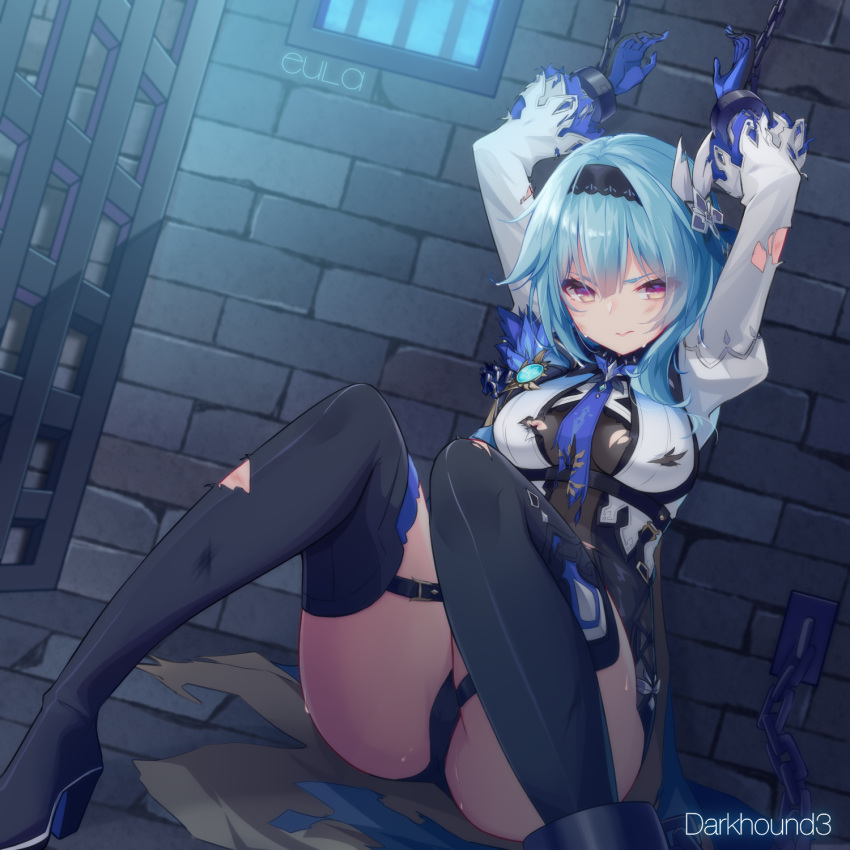 1girl, arms_up, artist_name, ass, bangs, black_footwear, black_hairband, blue_gloves
