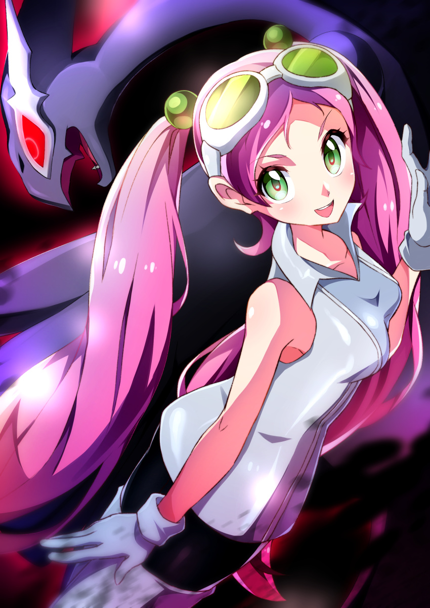 1girl, :d, absurdres, bare_arms, blurry, boots, breasts, collarbone
