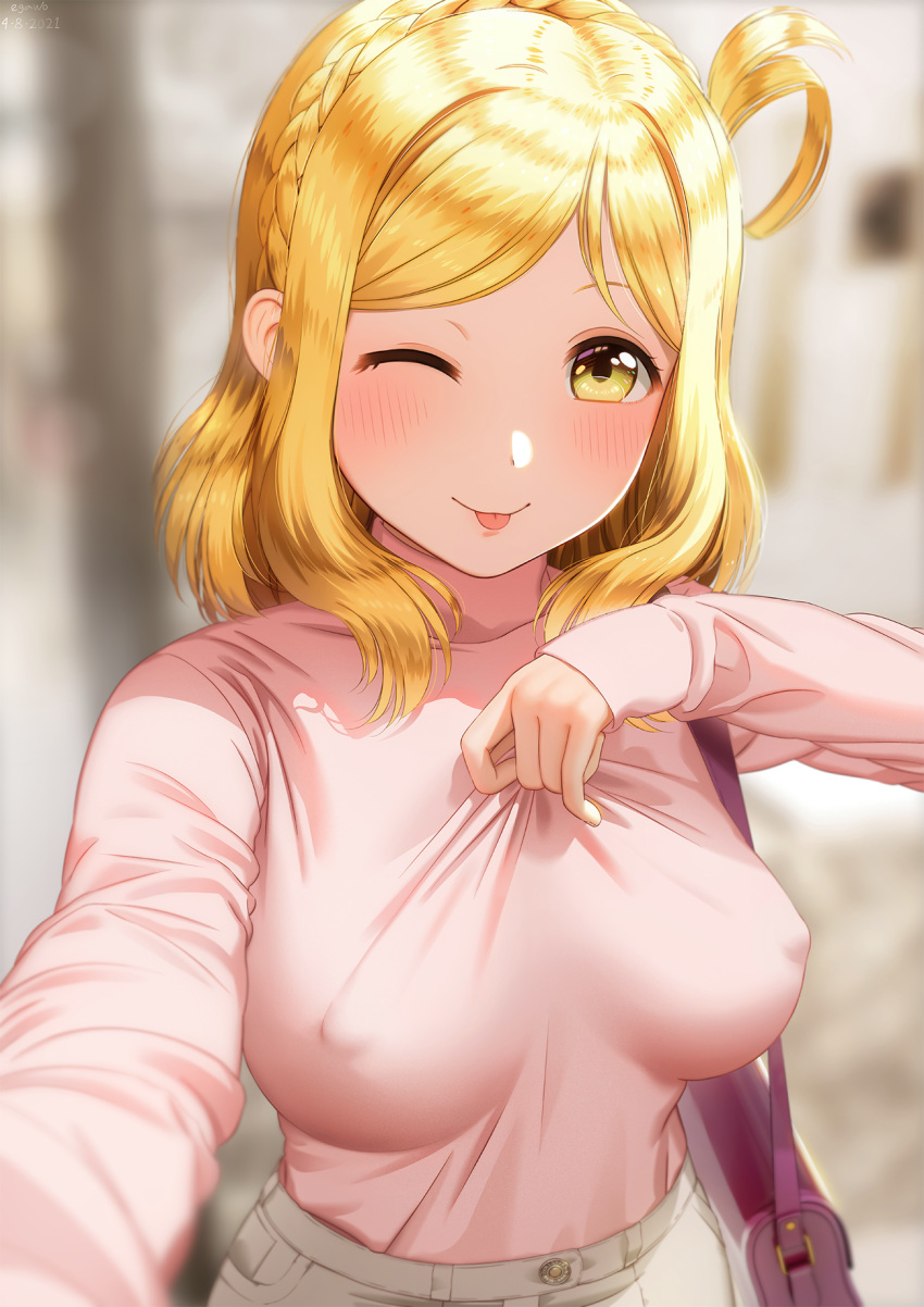 1girl, ;p, artist_name, bag, bangs, blonde_hair, blurry, blurry_background, blurry_foreground, blush, braid, breasts, commentary, covered_nipples, crown_braid, dated, day, depth_of_field, egawo, english_commentary, hair_rings, hand_up, handbag, hands_up, highres, long_sleeves, looking_at_viewer, love_live!, love_live!_sunshine!!, medium_breasts, medium_hair, no_bra, ohara_mari, one_eye_closed, outdoors, outstretched_arm, parted_bangs, pink_shirt, selfie, shirt, shirt_tucked_in, shoulder_bag, sleeves_past_wrists, smile, solo, tongue, tongue_out, turtleneck, upper_body, yellow_eyes