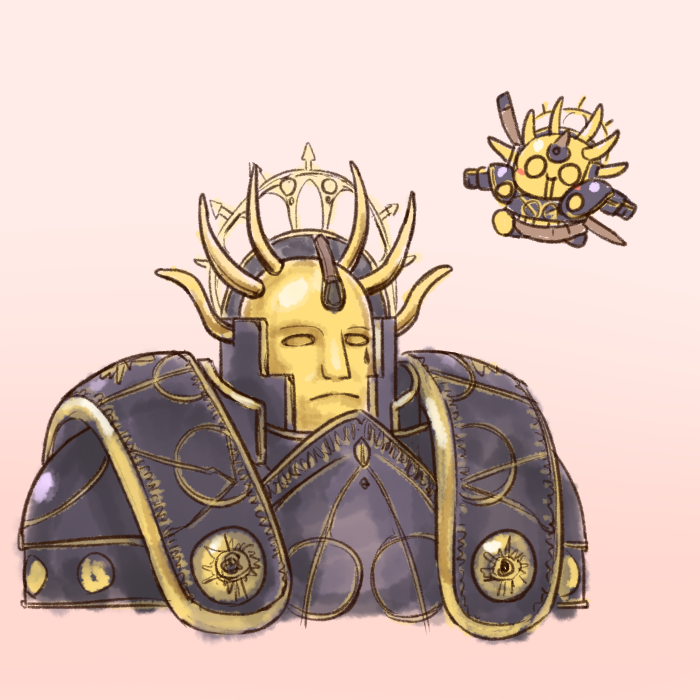 1boy, armor, beige_background, black_armor, breastplate, chibi, commander_rimanah, commentary