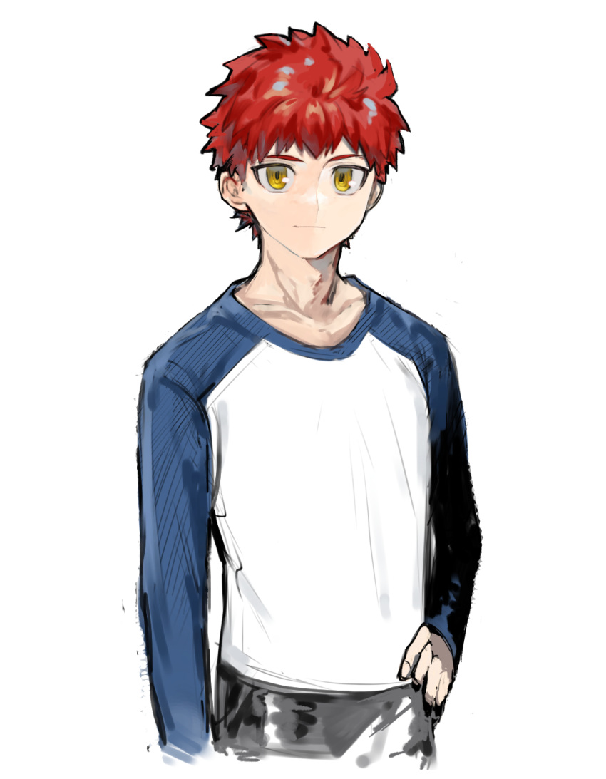 1boy, arm_at_side, bangs, blue_shirt, closed_mouth, collarbone, cowboy_shot, emiya_shirou