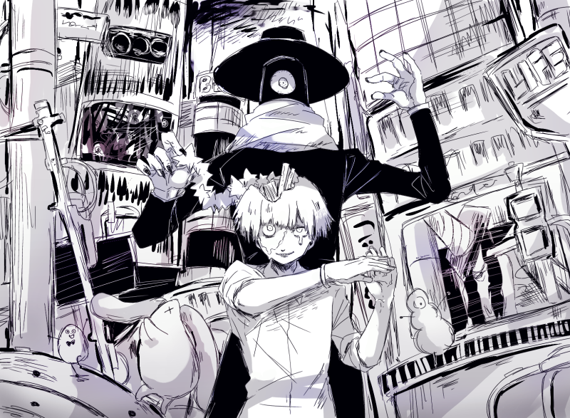 2boys, bow, bowtie, building, fingernails, fuji_den_fujiko, greyscale, hat, hitotsume-sama, long_sleeves, looking_at_viewer, male_focus, monochrome, multiple_boys, nonsense_bunkaku_(vocaloid), pose, scarf, sharp_fingernails, skyscraper, traffic_light
