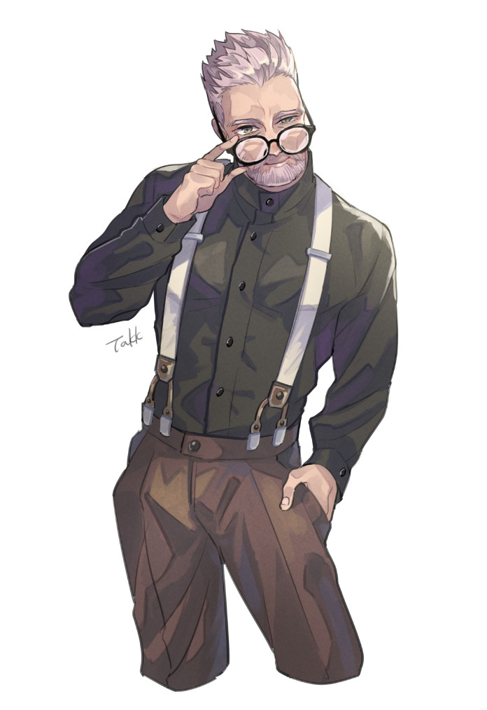 1boy, adjusting_eyewear, artist_name, beard, black_shirt, brown_eyes, brown_pants, facial_hair