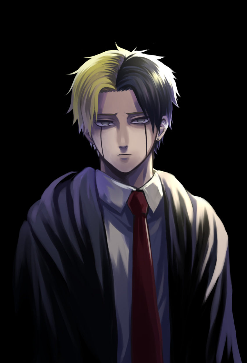 1boy, absurdres, black_background, black_hair, blank_stare, blonde_hair, earrings, facing_viewer