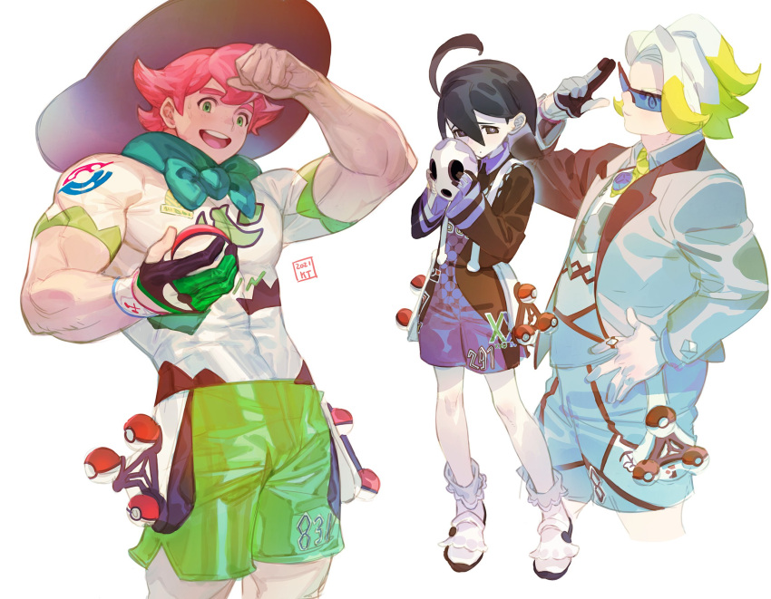 3boys, ahoge, allister_(pokemon), black-framed_eyewear, black_hair, blue-tinted_eyewear, clenched_hand, collared_shirt, commentary_request, dynamax_band, gloves, gordie_(pokemon), green_eyes, gym_leader, hat, highres, holding, holding_mask, holding_poke_ball, holster, jewelry, kanataria, knees, long_sleeves, male_focus, mask, milo_(pokemon), multicolored_hair, multiple_boys, necklace, number, partially_fingerless_gloves, pink_hair, poke_ball, poke_ball_(basic), pokemon, pokemon_(game), pokemon_swsh, ring, shirt, shoes, short_hair, short_sleeves, shorts, single_glove, standing, sun_hat, sunglasses, suspender_shorts, suspenders, two-tone_hair, white_footwear