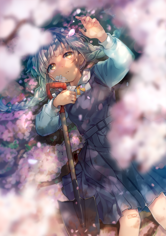 1girl, arm_up, bandage_on_face, bandages, bandaid, bandaid_on_knee, bangs, blue_dress