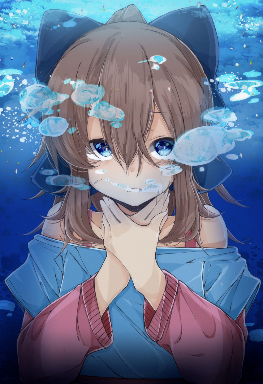 1girl, air_bubble, asphyxiation, bare_shoulders, blue_eyes, bow, brown_hair, bubble