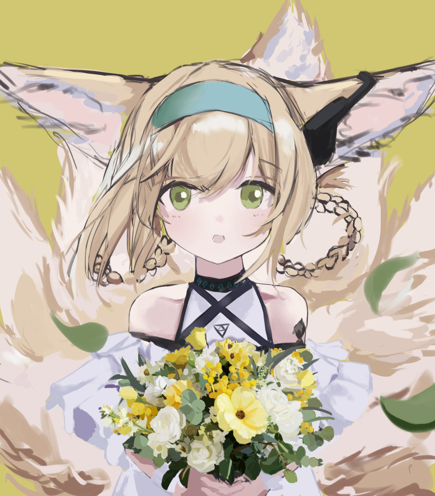 1girl, absurdres, animal_ears, arknights, bare_shoulders, blonde_hair, bouquet, dress
