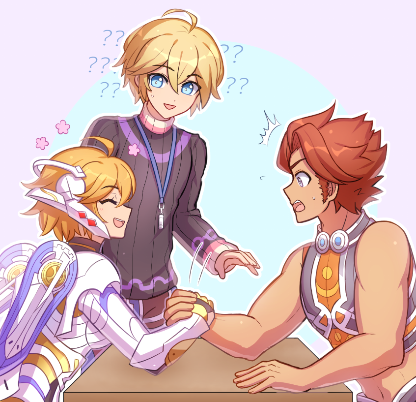 1girl, 2boys, :d, ?, ??, arm_wrestling, blonde_hair, closed_eyes