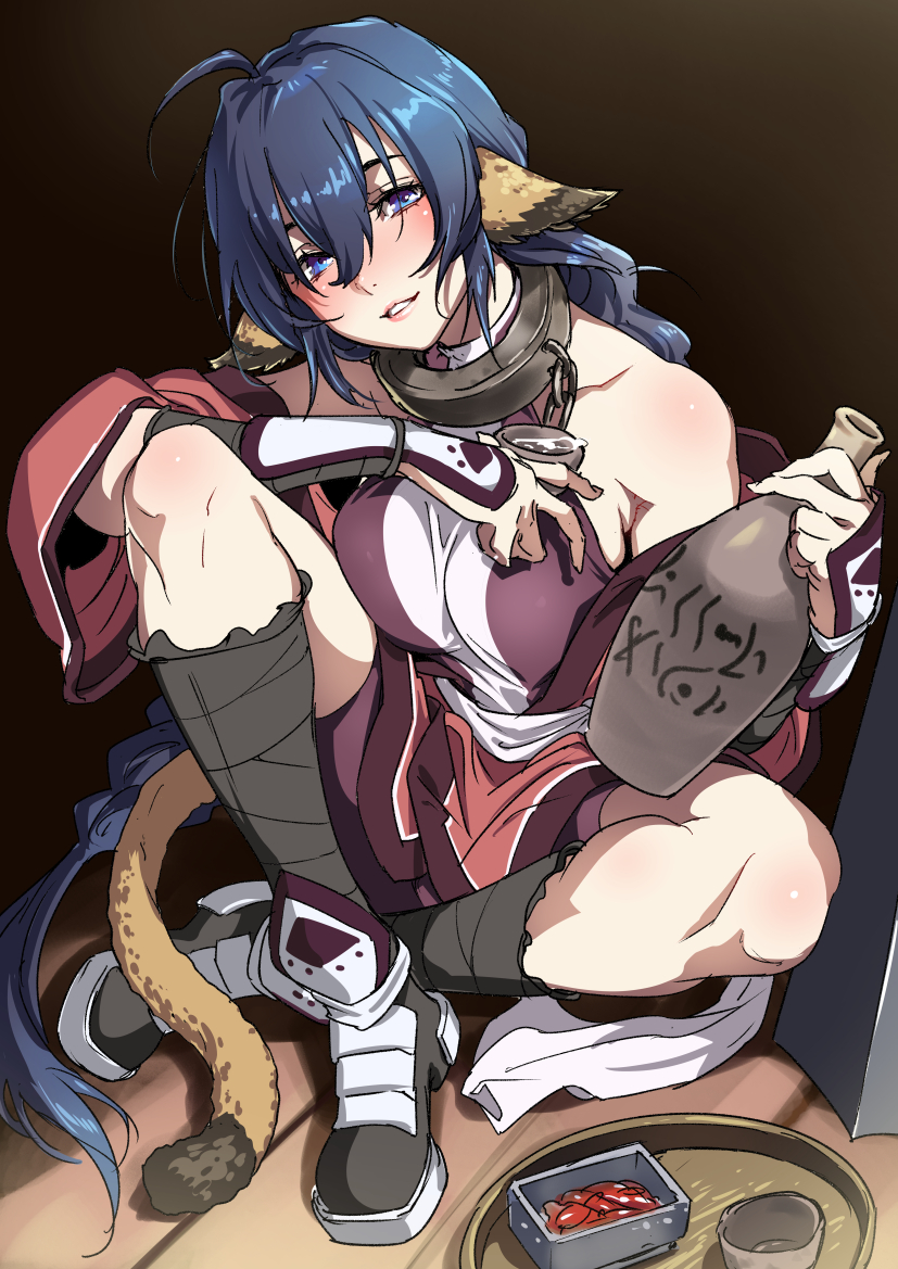 1girl, ahoge, alcohol, animal_ears, bare_shoulders, blue_eyes, blue_hair, bottle, braid, braided_ponytail, breasts, collar, collarbone, commentary_request, cup, food, full_body, hair_between_eyes, holding, holding_bottle, holding_cup, karura_(utawarerumono), long_hair, looking_at_viewer, medium_breasts, saeki_shun, sake, sitting, smile, solo, tail, utawarerumono