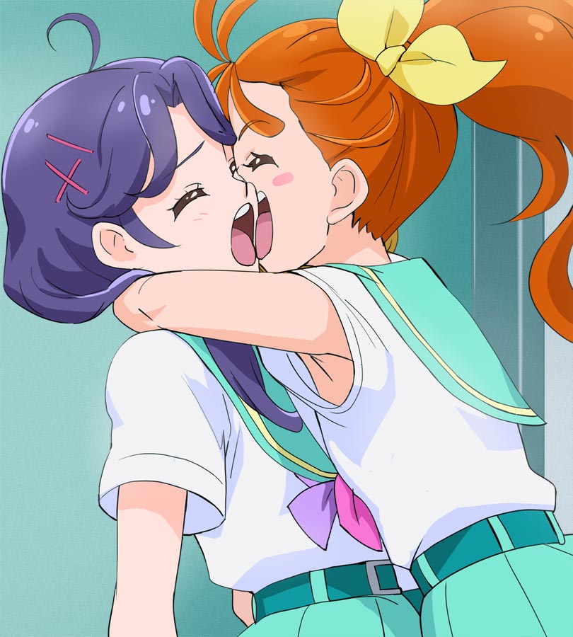 2girls, :d, ^_^, ahoge, aozora_middle_school_uniform, belt, closed_eyes, green_sailor_collar