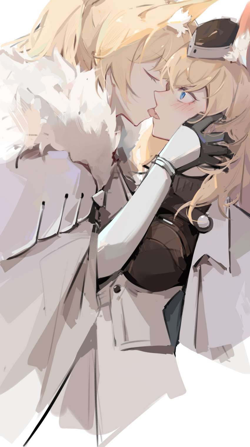 2girls, absurdres, animal_ears, arknights, armor, aunt_and_niece, blemishine_(arknights), blonde_hair, blue_eyes, blush, chinese_commentary, closed_eyes, commentary_request, french_kiss, from_side, fur_collar, gauntlets, gemi_25, highres, horse_ears, incest, kiss, long_hair, looking_at_another, multiple_girls, profile, upper_body, whislash_(arknights), white_background, yuri