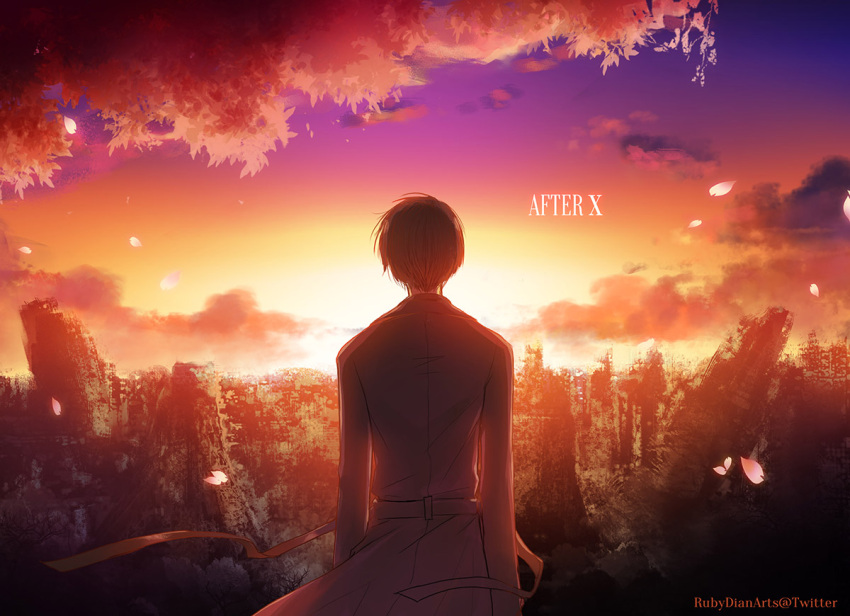 1boy, artist_name, black_hair, city, clouds, coat, destroyed, english_text