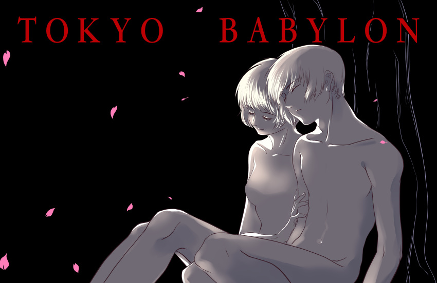 1boy, 1girl, absurdres, black_background, brother_and_sister, collarbone, copyright_name, hand_on_another's_arm