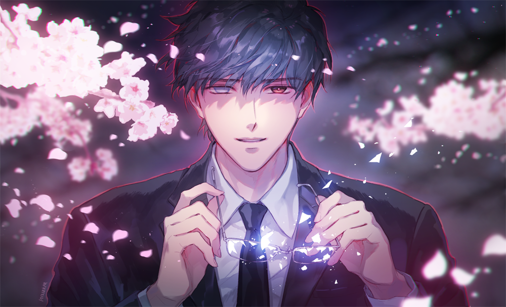 1boy, black_hair, blurry, broken_eyewear, broken_glass, cherry_blossoms, depth_of_field, empty_eyes