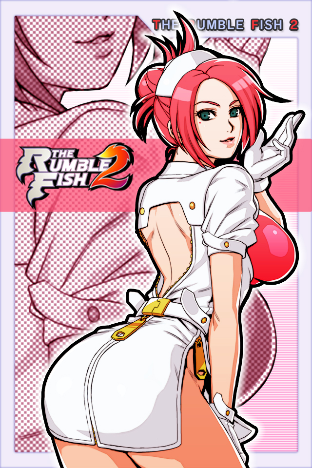 1girl, artist_request, ass, blush, breasts, copyright_name, dress, folded_ponytail, garnet_(the_rumble_fish), gloves, hat, large_breasts, leotard, leotard_under_clothes, looking_at_viewer, mole, mole_under_eye, nurse, nurse_cap, official_art, open_clothes, open_dress, oversized_zipper, pink_hair, short_hair, short_sleeves, smile, solo, the_rumble_fish, the_rumble_fish_2, wallpaper, white_dress, white_gloves, white_headwear, zipper, zipper_pull_tab