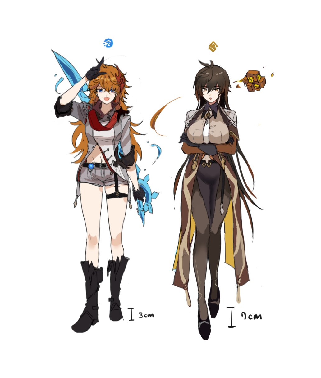 2girls, bangs, black_gloves, black_hair, blue_eyes, boots, breasts, brown_hair