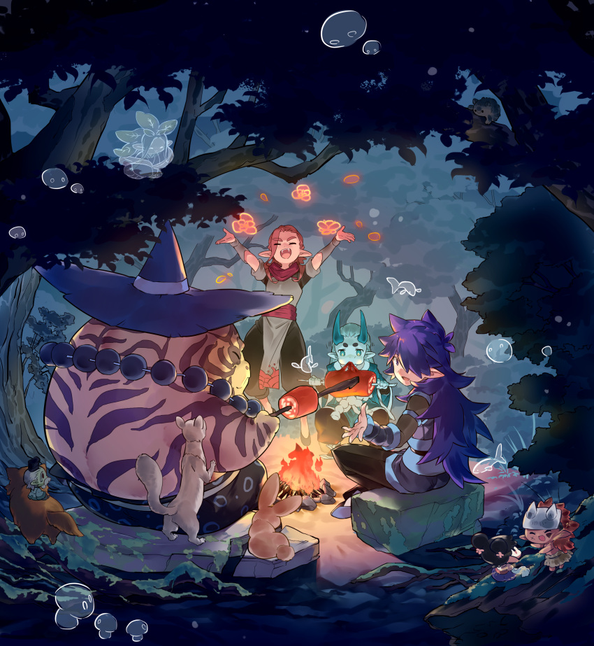 4boys, absurdres, aqua_hair, arms_up, black_pants, boned_meat, brown_hair, campfire