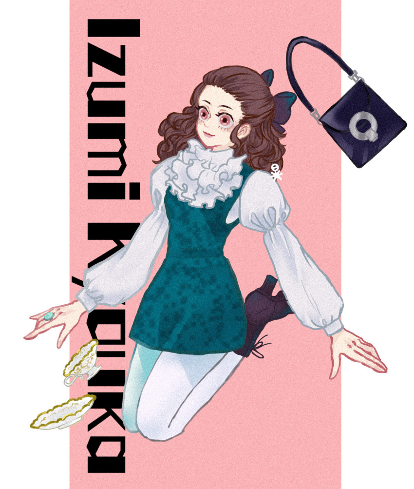 1girl, ajdj, black_bow, black_footwear, boots, bow, brown_hair, character_name, cup, dress, green_dress, hair_bow, highres, izumi_kyouka_(jojo), jewelry, jojo_no_kimyou_na_bouken, kishibe_rohan_wa_ugokanai, legs_up, long_hair, long_sleeves, pantyhose, pink_background, pink_eyes, plate, ring, smile, solo, teacup, white_legwear
