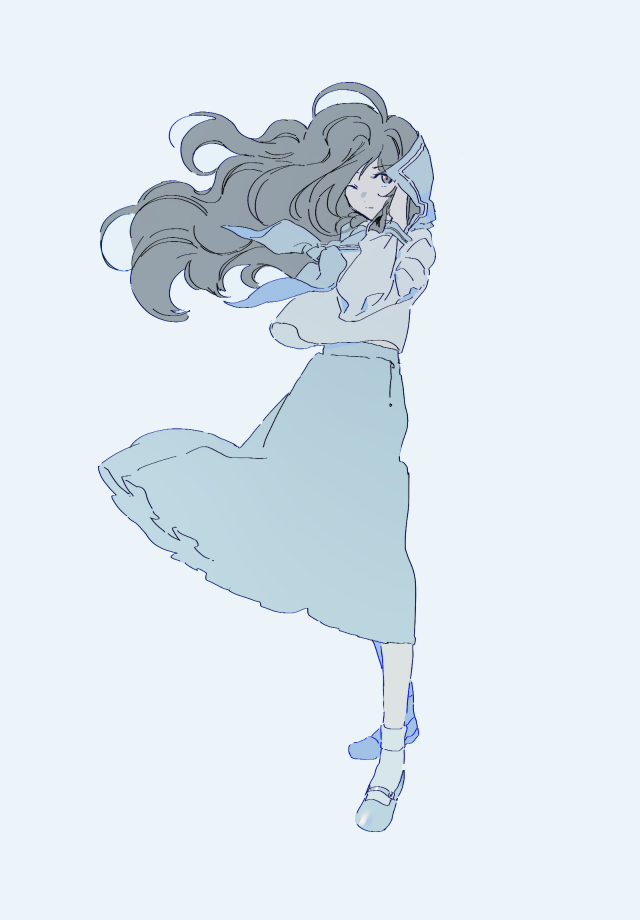 1girl, adjusting_hair, ankle_socks, blue_background, blue_neckwear, blue_sailor_collar, blue_skirt, blue_theme